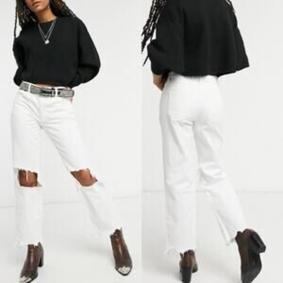 Free People Maggie White Mid Rise Distressed Straight Leg Jeans - Picture 1 of 14